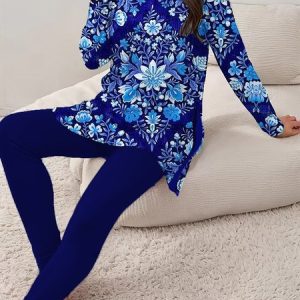 Women's Jersey Floral Daily Going Out Two Piece Set Long Sleeve Casual Spring/Fall Top With Pants Matching Set, JustFashionNow Suit Set, color:Deep Blue|size:XXL,