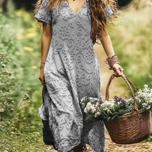 Women Floral V Neck Short Sleeve Comfy Casual Maxi Dress, Maxi, color:Gray|size:4XL, catalog Noracora shop
