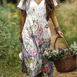 Women Floral V Neck Short Sleeve Comfy Casual Maxi Dress, Maxi, color:White|size:4XL, catalog Noracora shop