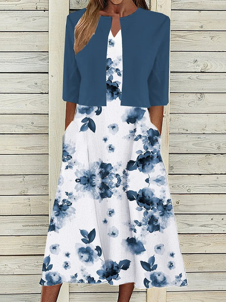 Women Floral Printing Two-Piece Set Daily Half Sleeve Casual Summer Dress With Coat Matching Set, JustFashionNow Suit Set, color:As Picture|size:3XL,