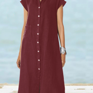 Women's Plain Short Sleeve All Season Dress Stand Collar Daily Casual Midi Shirt Dress H-Line Dress, JustFashionNow Shirt Dresses, color:Wine Red|size:3XL,
