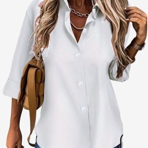 Women's Long Sleeve Shirt Spring/Fall Plain Shirt Collar Daily Going Out Casual Top, JustFashionNow Shirts, color:White|size:XXL,