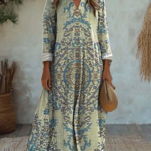 Women's Long Sleeve Spring/Fall Ethnic Jersey Dress V Neck Daily Going Out Casual Maxi A-Line T-Shirt Dress, JustFashionNow Dresses, color:Green|size:XXL,