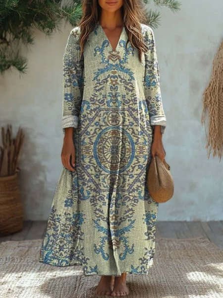 Women's Long Sleeve Spring/Fall Ethnic Jersey Dress V Neck Daily Going Out Casual Maxi A-Line T-Shirt Dress, JustFashionNow Dresses, color:Green|size:XXL,