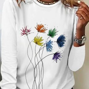 Women's Long Sleeve Tee T-shirt Spring/Fall Floral Cotton Crew Neck Daily Going Out Casual Top, JustFashionNow T-Shirts, color:White|size:XXL,
