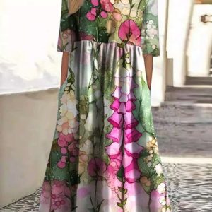 Women Floral Crew Neck Short Sleeve Comfy Casual Maxi Dress, Maxi, color:Green|size:4XL, catalog Noracora shop