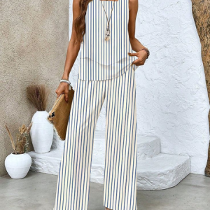 Women's Striped Printing Two-Piece Set Daily Sleeveless Casual Summer Top With Pants Matching Set, JustFashionNow Suit Set, color:As Picture|size:XXL,