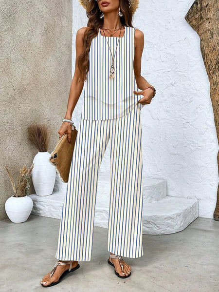 Women's Striped Printing Two-Piece Set Daily Sleeveless Casual Summer Top With Pants Matching Set, JustFashionNow Suit Set, color:As Picture|size:XXL,