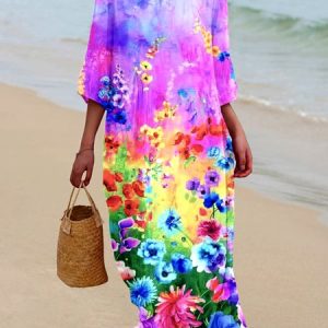 Women Geometric Crew Neck Long Sleeve Comfy Casual Maxi Dress, Maxi, color:Multicolor|size:5XL, catalog Noracora shop