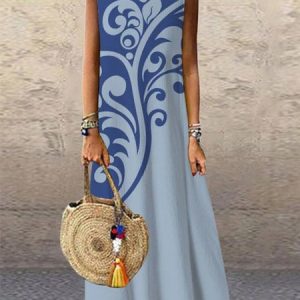Women's Geometric Sleeveless Summer Dress V Neck Daily Casual Maxi H-Line Dress, JustFashionNow Dresses, color:Blue|size:3XL,