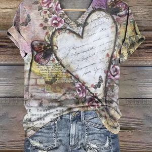 Vintage Heart Pattern Print V Neck Short Sleeve T-shirt, T-shirts, color:Purple|size:4XL, catalog Noracora shop