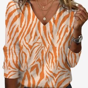 Women's Long Sleeve Tee T-shirt Spring/Fall Zebra Jersey V Neck Daily Going Out Casual Top, JustFashionNow T-Shirts, color:Orange|size:XXL,