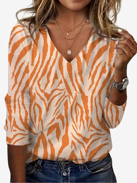 Women's Long Sleeve Tee T-shirt Spring/Fall Zebra Jersey V Neck Daily Going Out Casual Top, JustFashionNow T-Shirts, color:Orange|size:XXL,