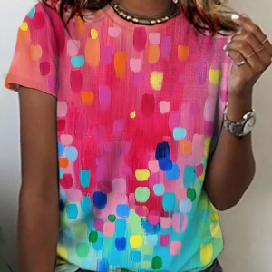 Color contrast geometric round neck short-sleeved T-shirt, T-shirts, Lilicloth.com