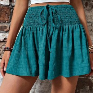 Plain Tied Detail Waist Shirred Shorts Casual Wide Leg Shorts, women Shorts, ChicMe catalog