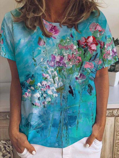 Casual Abstract Floral Print Crew Neck T-Shirt, T-shirts, Lilicloth.com - Image 3