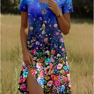 Women Floral Short Sleeve Summer Printing Dress Crew Neck Daily Casual Mini Tunic H-Line Dress, JustFashionNow Casual Dresses, color:As Picture|size:XXL,
