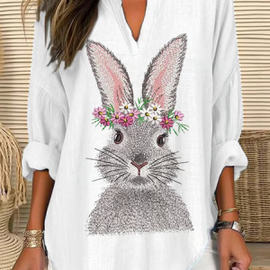 Women Easter (rabbit) Long Sleeve Blouse Spring/Fall V Neck Daily Casual Top, JustFashionNow Shirts, color:White|size:5XL,
