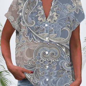Women's Short Sleeve Shirt Summer Floral Printing V Neck Daily Going Out Casual Top, JustFashionNow Shirts, color:Blue|size:4XL,