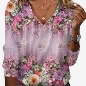 Women's Long Sleeve Tee T-shirt Spring/Fall Floral Jersey V Neck Daily Going Out Casual Top, JustFashionNow T-Shirts, color:Pink|size:XXL