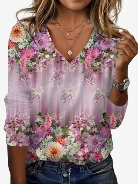 Women's Long Sleeve Tee T-shirt Spring/Fall Floral Jersey V Neck Daily Going Out Casual Top, JustFashionNow T-Shirts, color:Pink|size:XXL