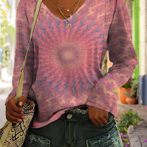 Women's Long Sleeve Tee T-shirt Spring/Fall Tie Dye Printing V Neck Casual Graphic Tee Top, JustFashionNow T-Shirts, color:Pink|size:XXL