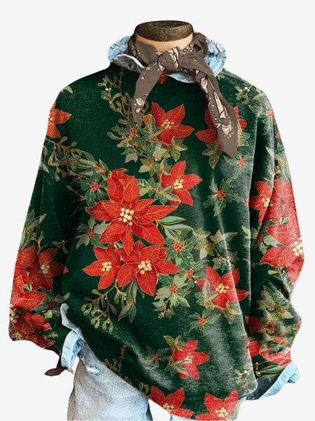 Women's Crew Neck Floral Casual Spring/Fall Long Sleeve Sweatshirt, JustFashionNow Sweatshirts & Hoodies, color:darkgreen|size:XXL,