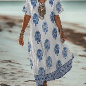 Women Floral V Neck Short Sleeve Comfy Vintage Maxi Dress, Dresses, color:As Picture|size:4XL, catalog Noracora shop