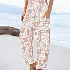 Tribal Plants Print Shirred High Waist Cinched Hem Long Pants Vacation Pants with Pocket, women Pants, ChicMe catalog