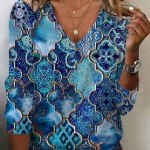 Women's Long Sleeve Tee T-shirt Spring/Fall Ethnic Jersey V Neck Holiday Going Out Casual Top, JustFashionNow T-Shirts, color:Blue|size:XXL,