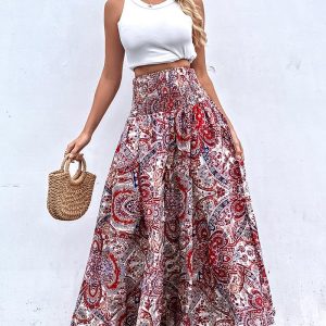 Paisley Print Shirred Wide Leg Pants, women Pants, ChicMe catalog