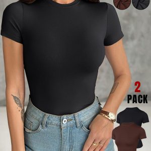 ChicMe ContourX 2-Pack Crewneck Short Sleeve Versatile Tee Slim Fit Basic T-Shirts, women T-shirt & Tees, ChicMe catalog
