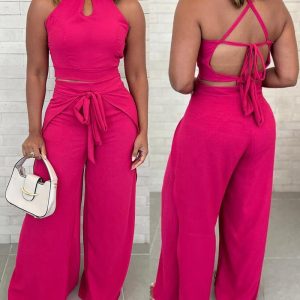 2 Pieces Summer Outfits Halter Sleevelss Hollow Out Top and Casual Faux Two Piece Tied Detail Wide Leg Pants Set, women Two-piece Sets, ChicMe catalog