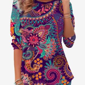 Women's Long Sleeve Tee T-shirt Spring/Fall Ethnic Jersey Crew Neck Daily Going Out Casual Top, JustFashionNow T-Shirts, color:Purple|size:XXL,