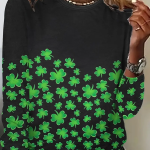 Women's Shamrock Long Sleeve Tee T-shirt Crew Neck Printing Casual Spring/Fall Graphic Tee Top, JustFashionNow T-Shirts, color:Black|size:XXL