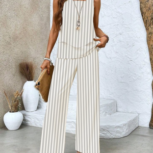 Women's Striped Printed Casual Vest And Trousers Two-Piece Suit, Two-pieces, Lilicloth.com