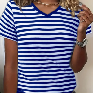 Women's striped print V-neck short-sleeved T-shirt, T-shirts, Lilicloth.com