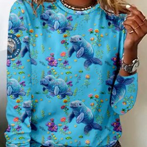 Casual Floral Crew Neck Long Sleeve T-shirt, T-shirts, color:Aqua blue|size:4XL, catalog Noracora shop