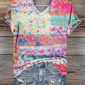 Casual Floral Crew Neck Short Sleeve T-shirt, T-shirts, color:Rose Red|size:4XL, catalog Noracora shop