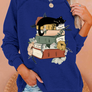 Cat Book Casual Animal Sweatshirt, Hoodies&Sweatshirts, Lilicloth.com
