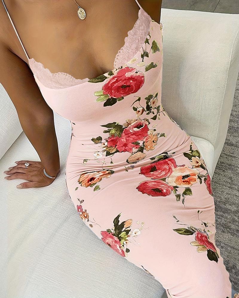 Lace Trim Spaghetti Strap Floral Print Dress, women Print Dresses, ChicMe catalog - Image 3