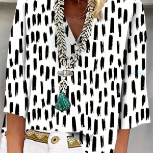 Women's Geometric Three Quarter Sleeve Blouse_ Spring/Fall Printing V Neck Daily Casual Top, JustFashionNow T-Shirts, color:Black-white|size:XXL