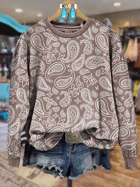 Women's Crew Neck Ethnic Casual Spring/Fall Long Sleeve Sweatshirt, JustFashionNow Sweatshirts & Hoodies, color:Coffee|size:XXL,