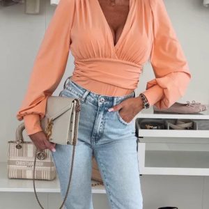 Plunge V Neck Lantern Sleeve Ruched Blouse Casual Slim Fit Bodysuit Top, women Bodysuit, ChicMe catalog