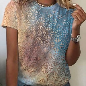 Women's Short Sleeve Tee T-shirt Summer Ethnic Crew Neck Casual Top, JustFashionNow T-Shirts, color:Blue|size:XXL,