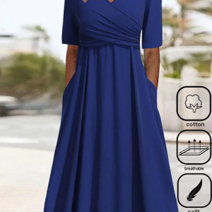 Women Plain Short Sleeve Summer Pocket Dress Cross Neck Daily Casual Midi T-Shirt Dress A-Line Dress, JustFashionNow Dresses, color:Royal Blue|size:XXL,