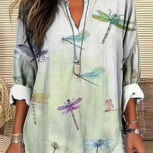 Women Dragonfly Long Sleeve Blouse Spring/Fall Printing V Neck Daily Casual Top, JustFashionNow Shirts, color:As Picture|size:5XL,
