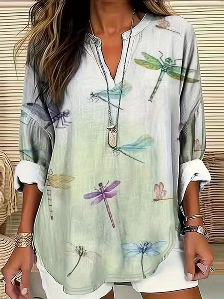 Women Dragonfly Long Sleeve Blouse Spring/Fall Printing V Neck Daily Casual Top, JustFashionNow Shirts, color:As Picture|size:5XL,
