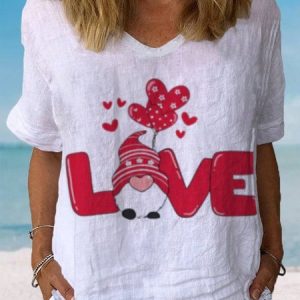 Women's Valentine's Day Gnome Love Print Short Sleeve V Neck T-Shirt, JustFashionNow Blouses, color:White|size:XXL,
