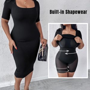 ChicMe ShapeSculpt Short Sleeve Bodycon Mid-Length Dress Built-in Shapewear Square Neck Slim Fit Dress, women Bodycon Dresses, ChicMe catalog